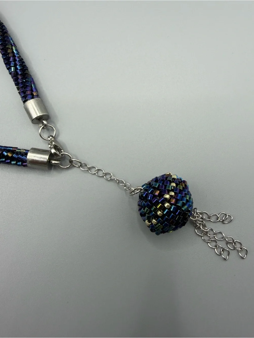Iridescent Navy Beaded Rope Necklace with Tassel Pendant